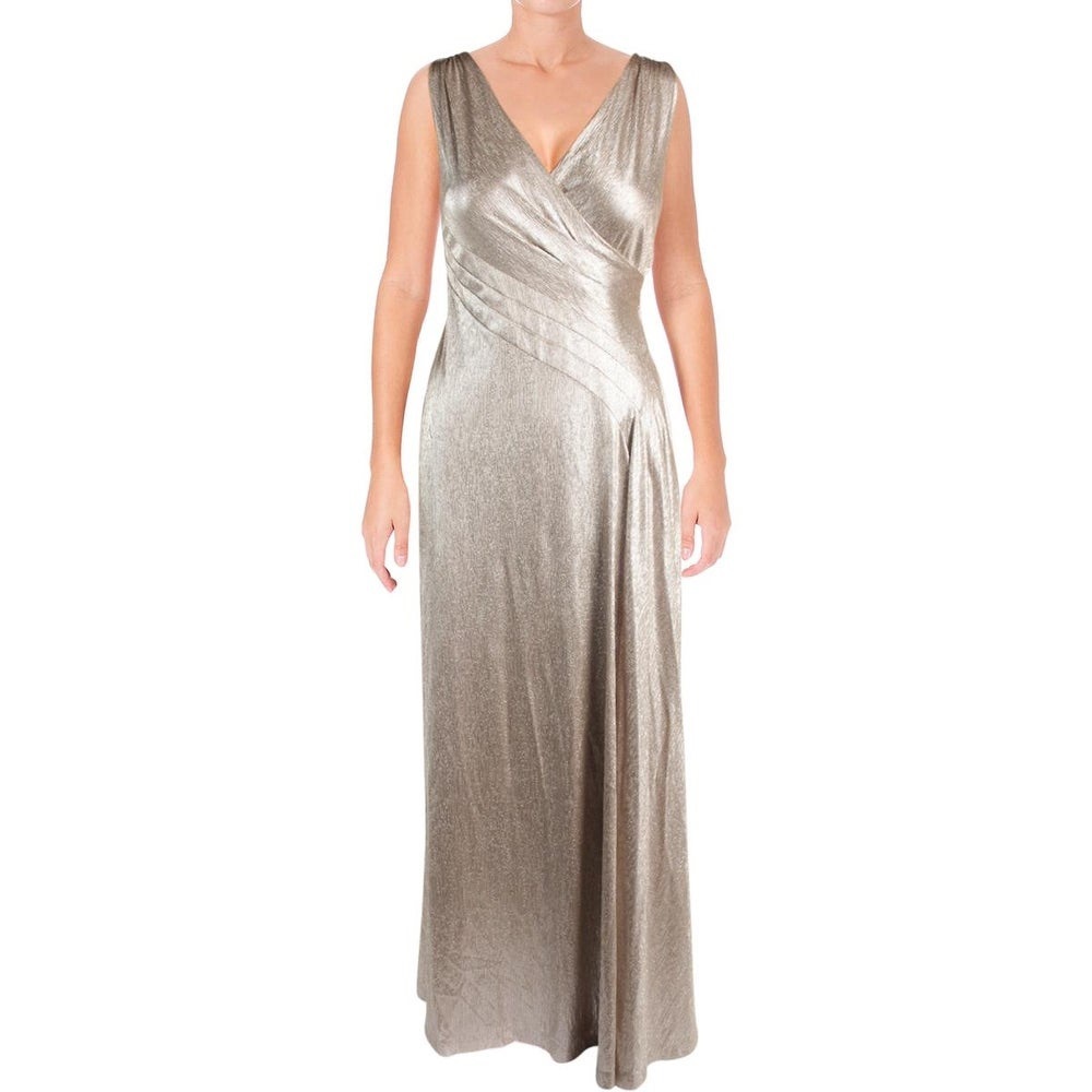 Ralph Lauren Evening Silver V neck Fit Flare Gown